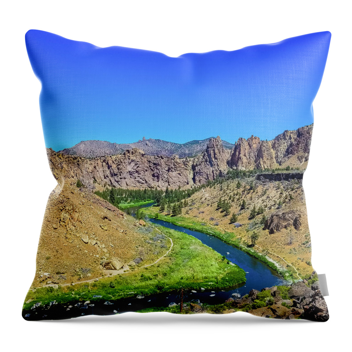 Oregon Nature Trees Green Blue Sky Clear Beauty Outdoors Pacific Ocean Portland Water Falls Waterfall Rocks Waves Road Woods Forest Northwest Throw Pillow featuring the photograph A River Runs Through by Jonny D