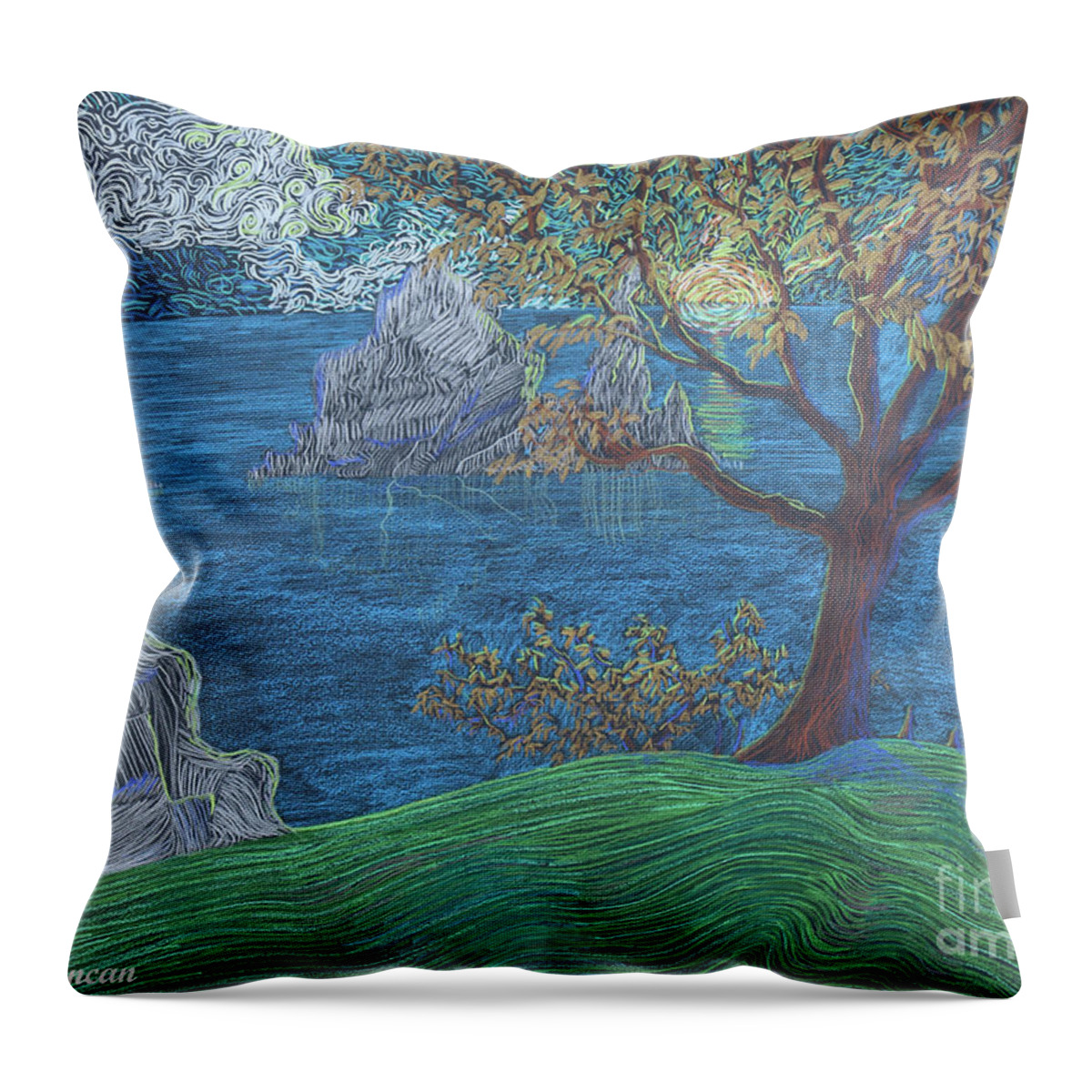 Squigglism Throw Pillow featuring the painting A Rocky Shore by Stefan Duncan