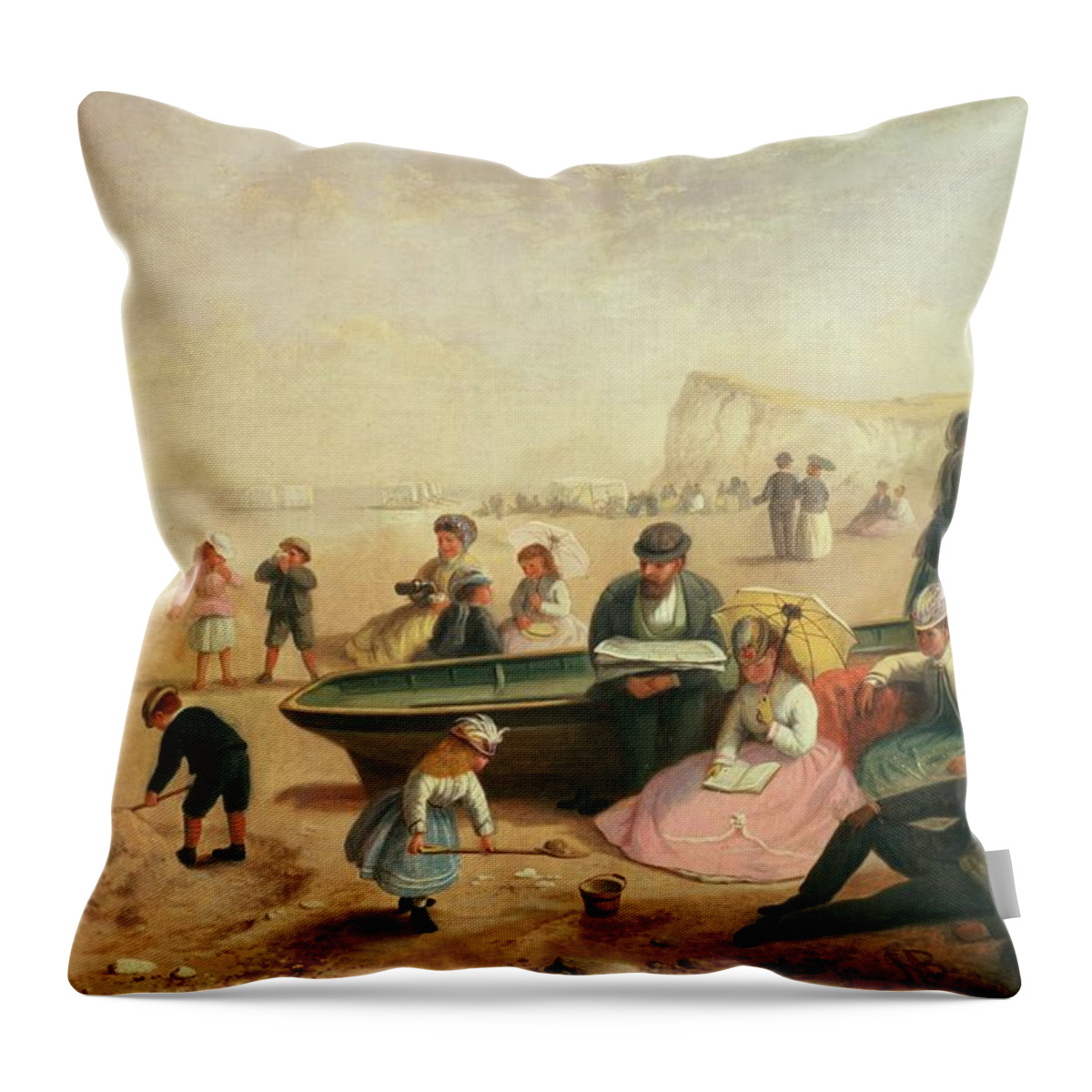 Seaside Throw Pillow featuring the painting A Seaside Scene by Jane Maria Bowkett