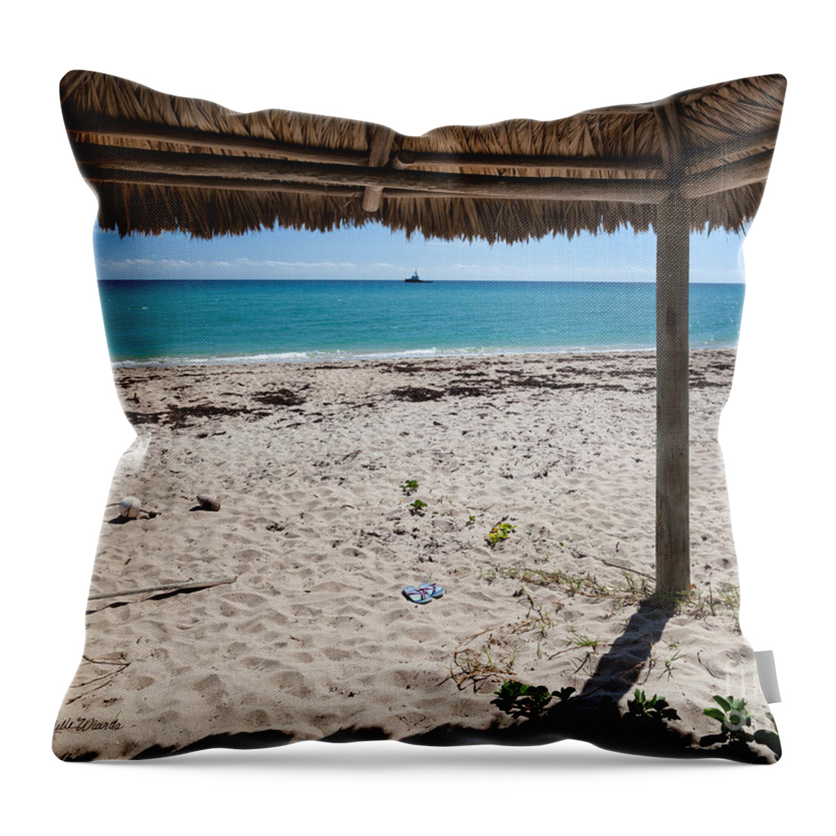 A Seat In A Tropical Beach Hut Throw Pillow featuring the photograph A Seat in a Tropical Beach Hut by Michelle Constantine