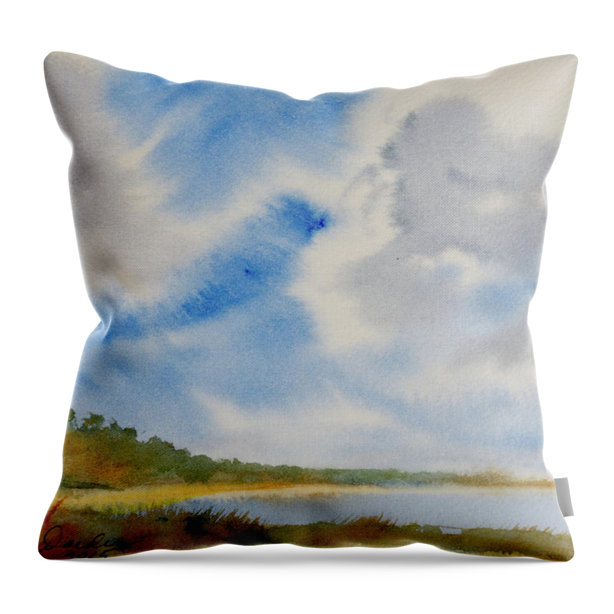 Beach Throw Pillow featuring the painting A secluded Inlet beneath billowing clouds by Dorothy Darden