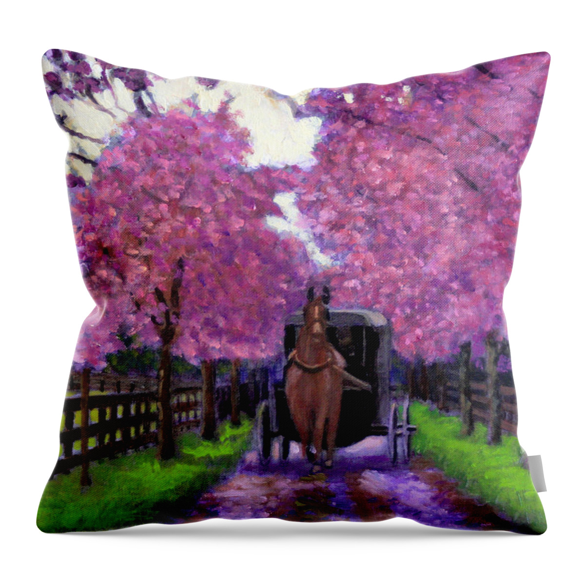 Horse And Buggy Throw Pillow featuring the painting A Spring in Your Step by David Zimmerman