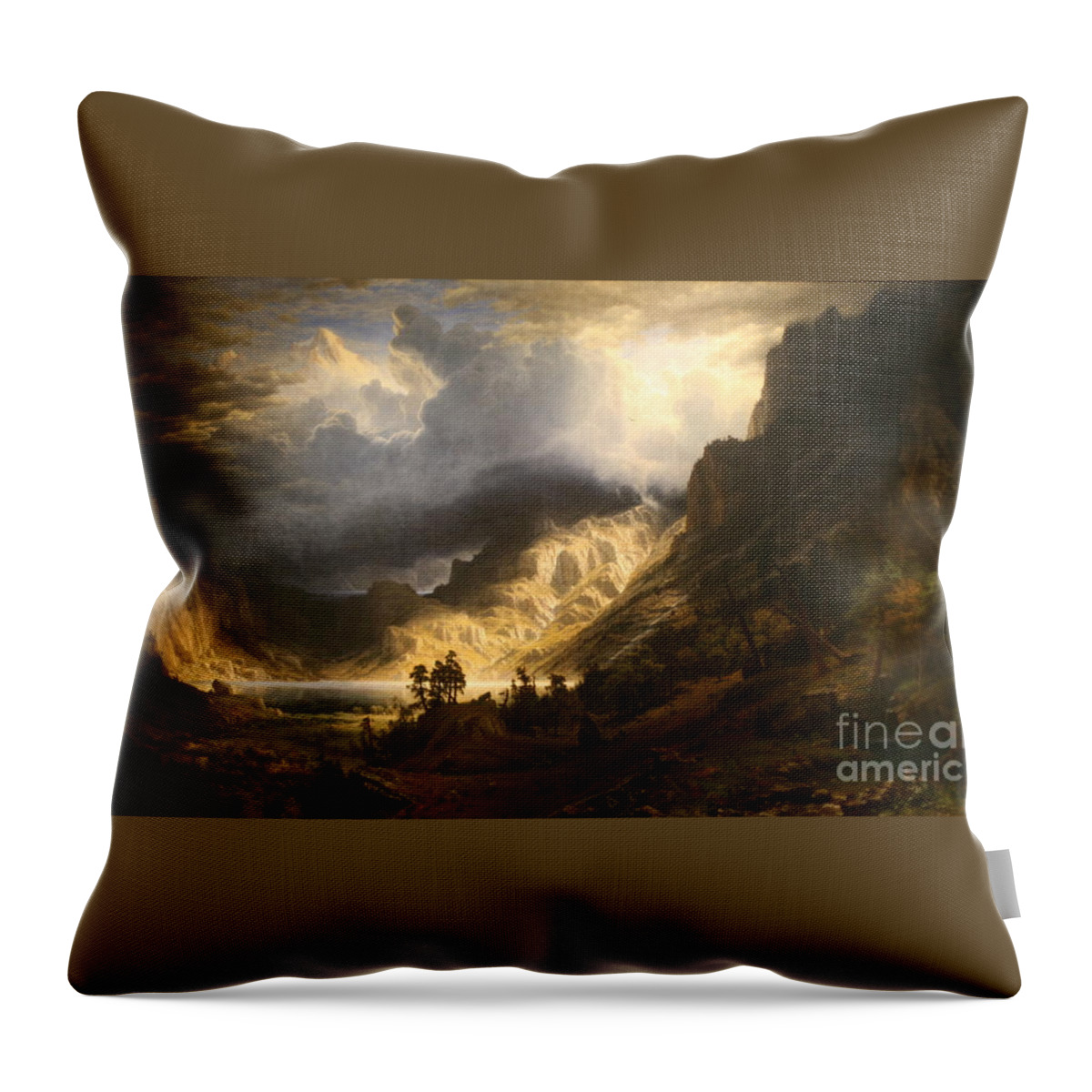 Wla_brooklynmuseum_a_storm_in_the_rocky_mountains. Sun Lighting Throw Pillow featuring the painting A Storm in the Rocky Mountains by MotionAge Designs