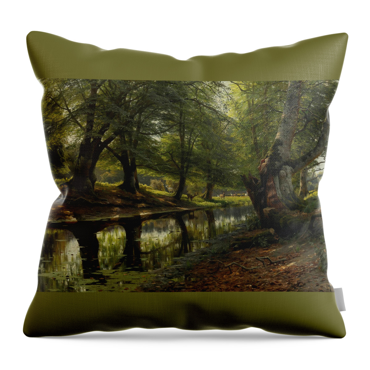 19th Century Art Throw Pillow featuring the painting A Stream through the Valley, Deer in the Distance by Peder Monsted