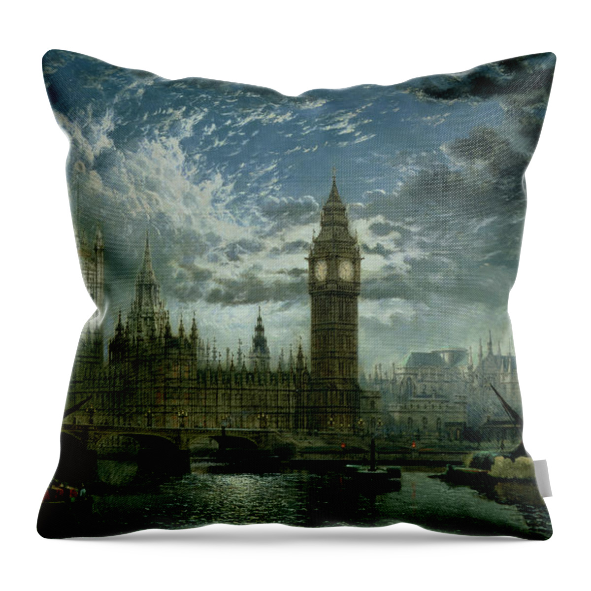 Big Ben;london;thames;river Throw Pillow featuring the painting A View of Westminster Abbey and the Houses of Parliament by John MacVicar Anderson