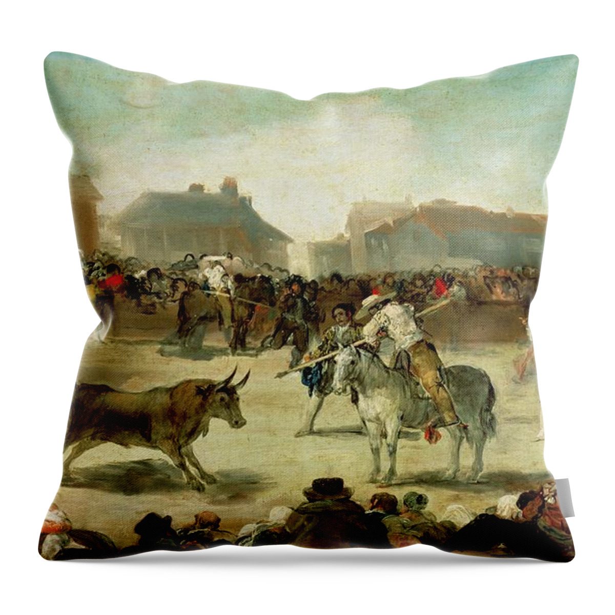 Village Throw Pillow featuring the painting A Village Bullfight by Goya