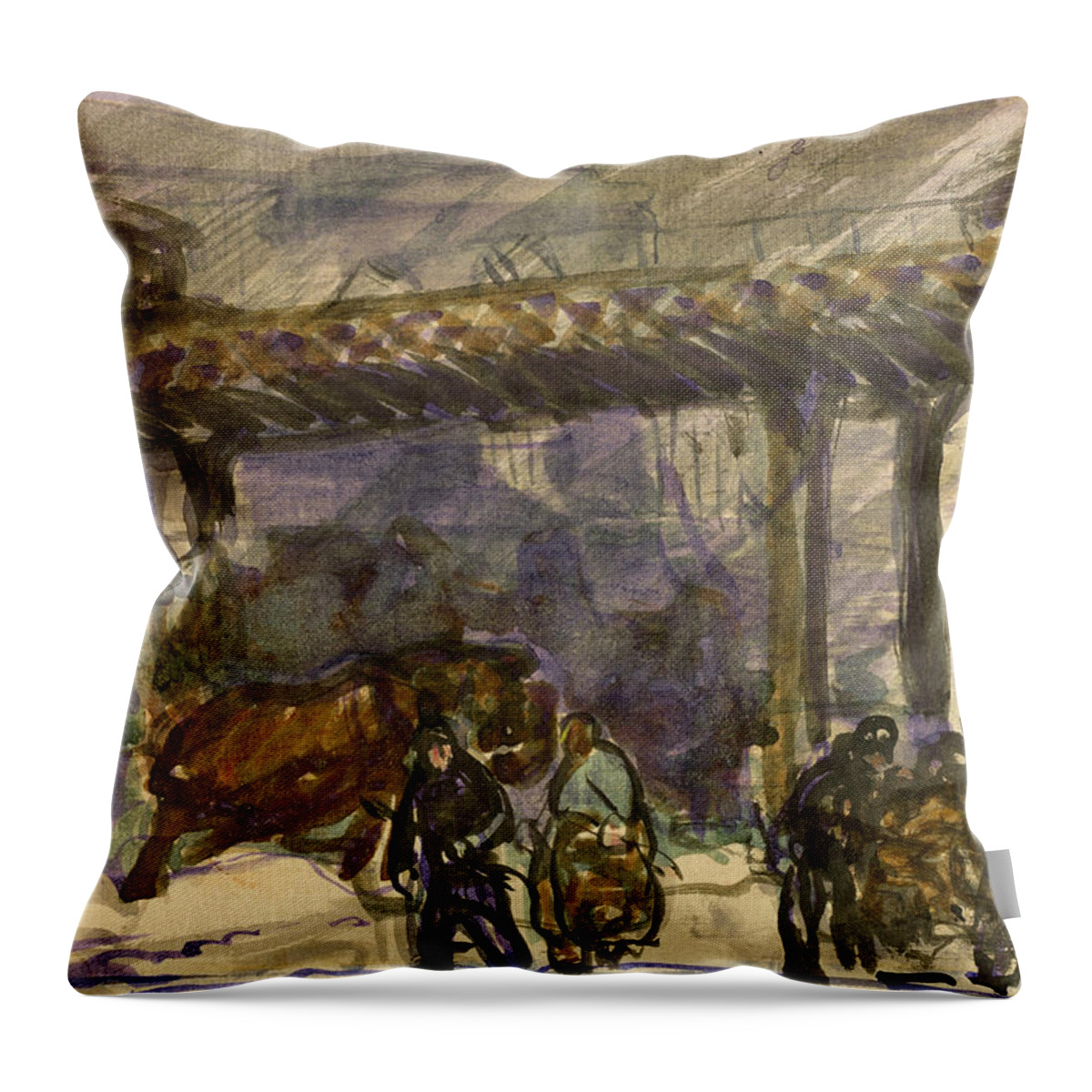 George Bellows Throw Pillow featuring the painting A Winter Day - Under the Elevated near Brooklyn Bridge by George Bellows