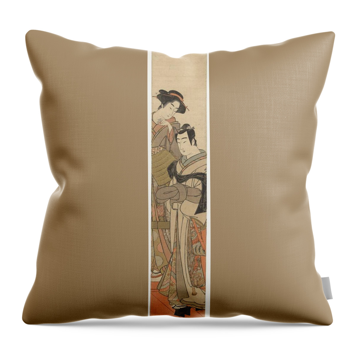 A Woman With A Young Man Disguised Throw Pillow featuring the painting A Woman with a Young Man Disguised by Kitao Masanobu