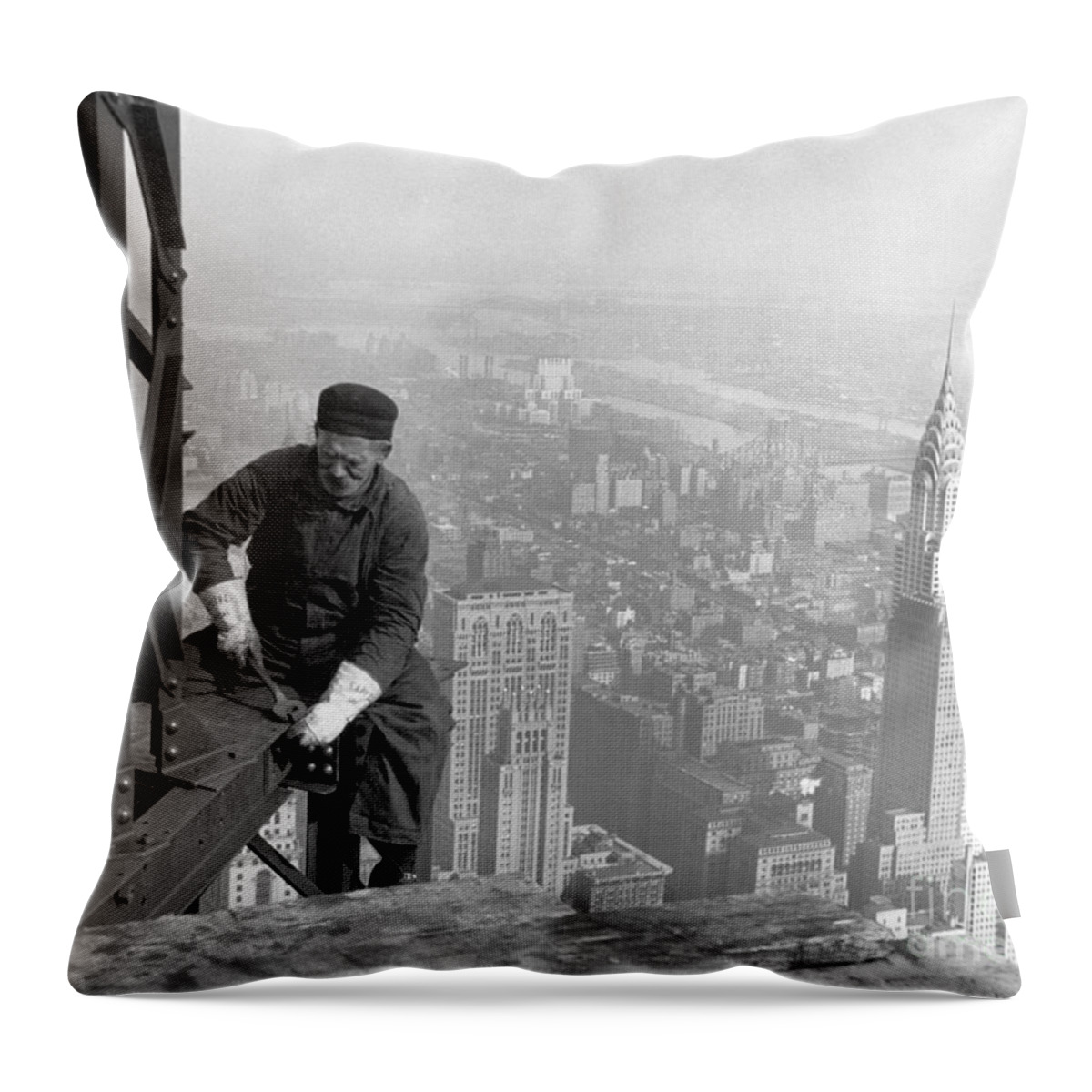 Lewis Wickes Hine Throw Pillow featuring the painting A worker bolts beams during construction by Celestial Images