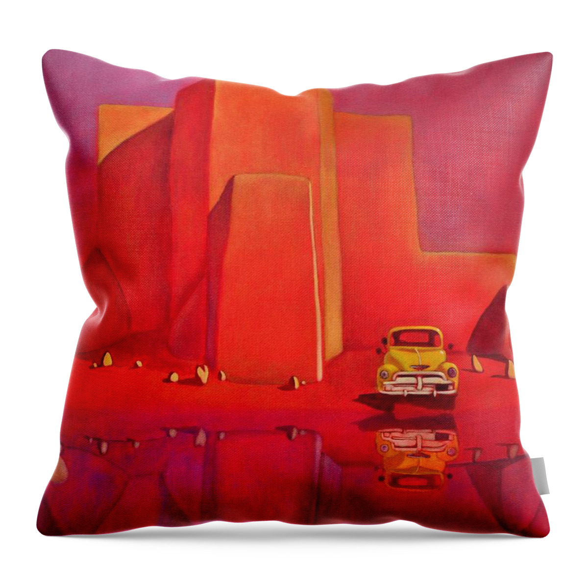 Yellow Truck Throw Pillow featuring the painting A Yellow Truck with a Red Moon in Ranchos by Art West