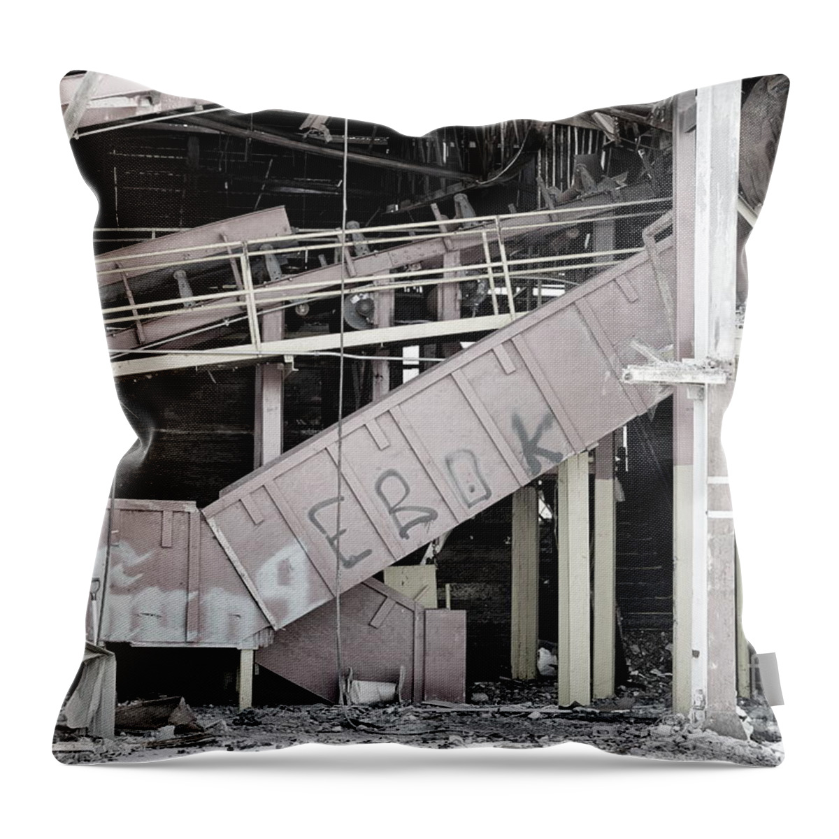 Black White Monochrome Abandoned Factory Abandoned Decrepit Old Burn Burned Throw Pillow featuring the photograph Abandoned Factory No 1 1887 by Ken DePue