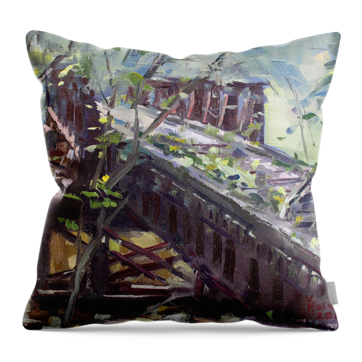 Abandoned Railroad Throw Pillow featuring the painting Abandoned Railroad Bridge in Tonawanda by Ylli Haruni