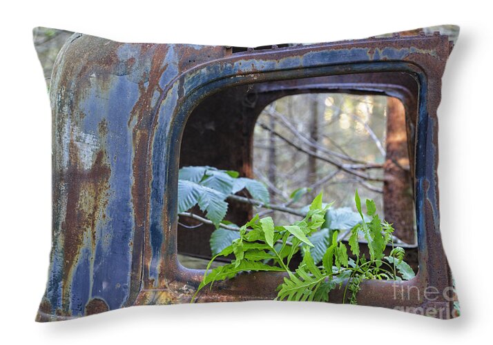 Abandoned Throw Pillow featuring the photograph Abandoned Rusted Car - New Hampshire Forest by Erin Paul Donovan