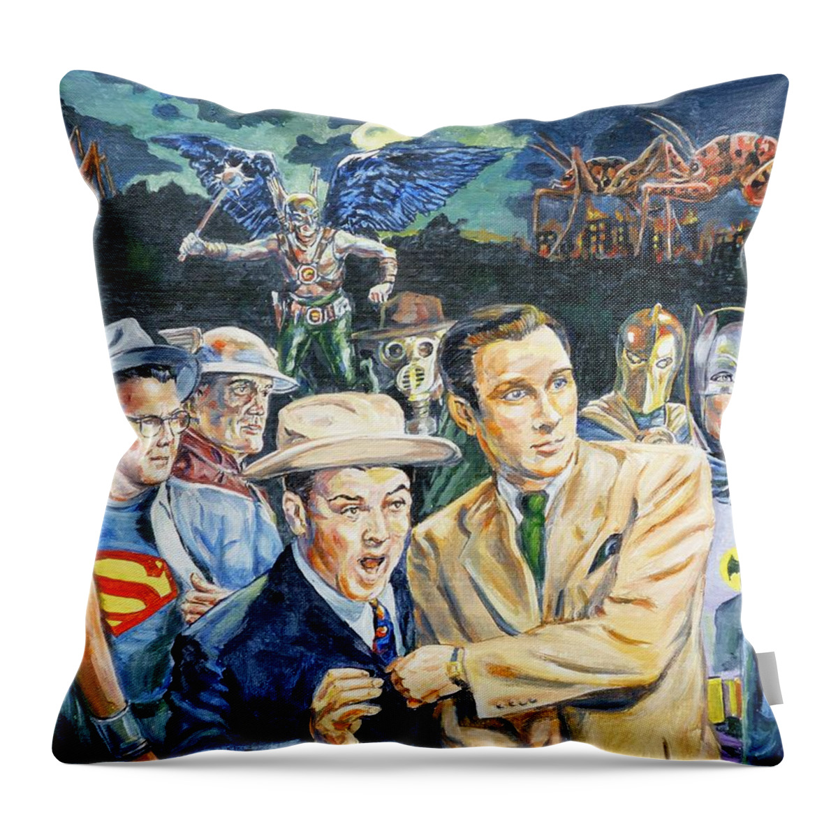 Bud Abbott Throw Pillow featuring the painting Abbott and Costello Meet the Justice Society of America by Bryan Bustard