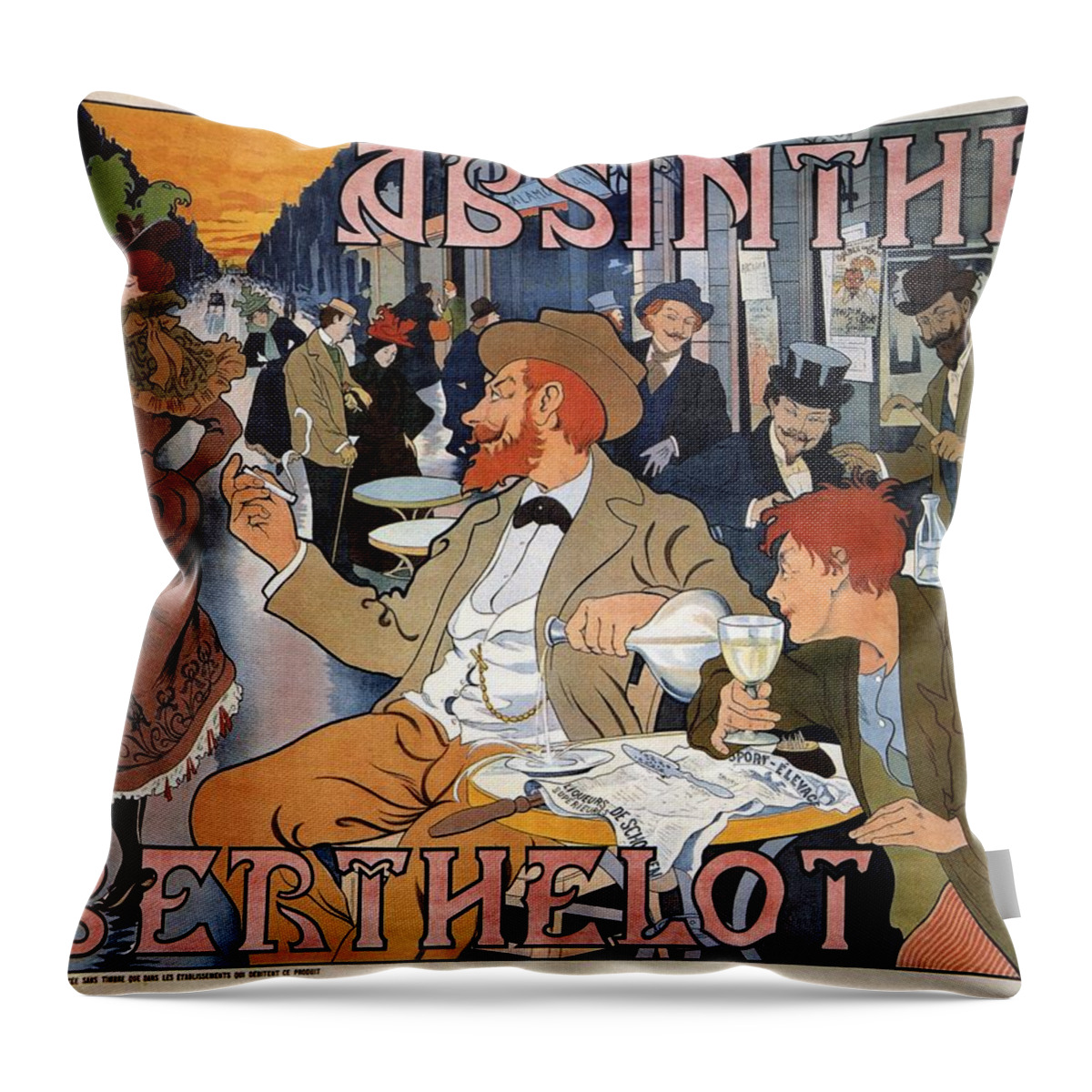 Absinthe Berthelot Throw Pillow featuring the mixed media Absinthe Berthelot - Vintage Liquor Advertising Poster by Studio Grafiikka
