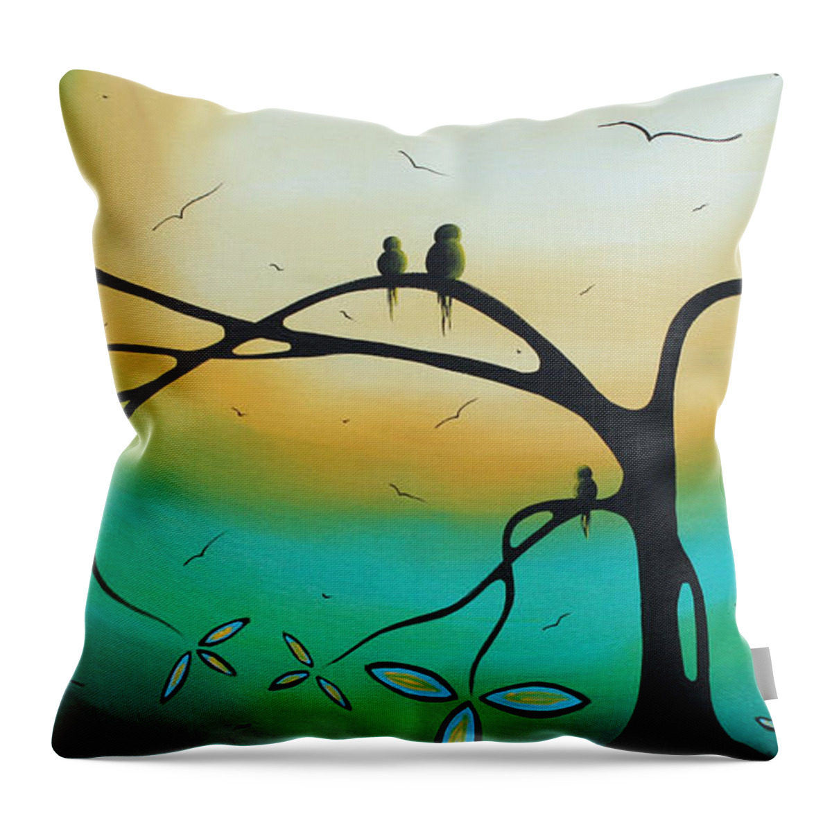 Painting Throw Pillow featuring the painting Abstract Art Landscape Bird Painting FAMILY PERCH by MADART by Megan Aroon