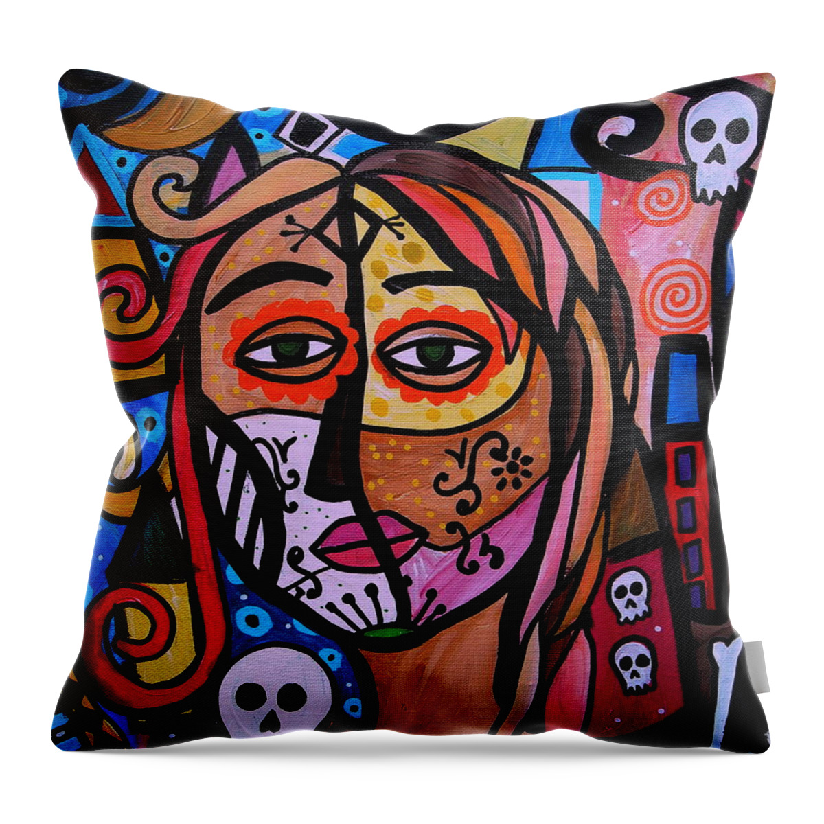 Dy Of The Dead Throw Pillow featuring the painting Abstract Day Of The Dead by Pristine Cartera Turkus