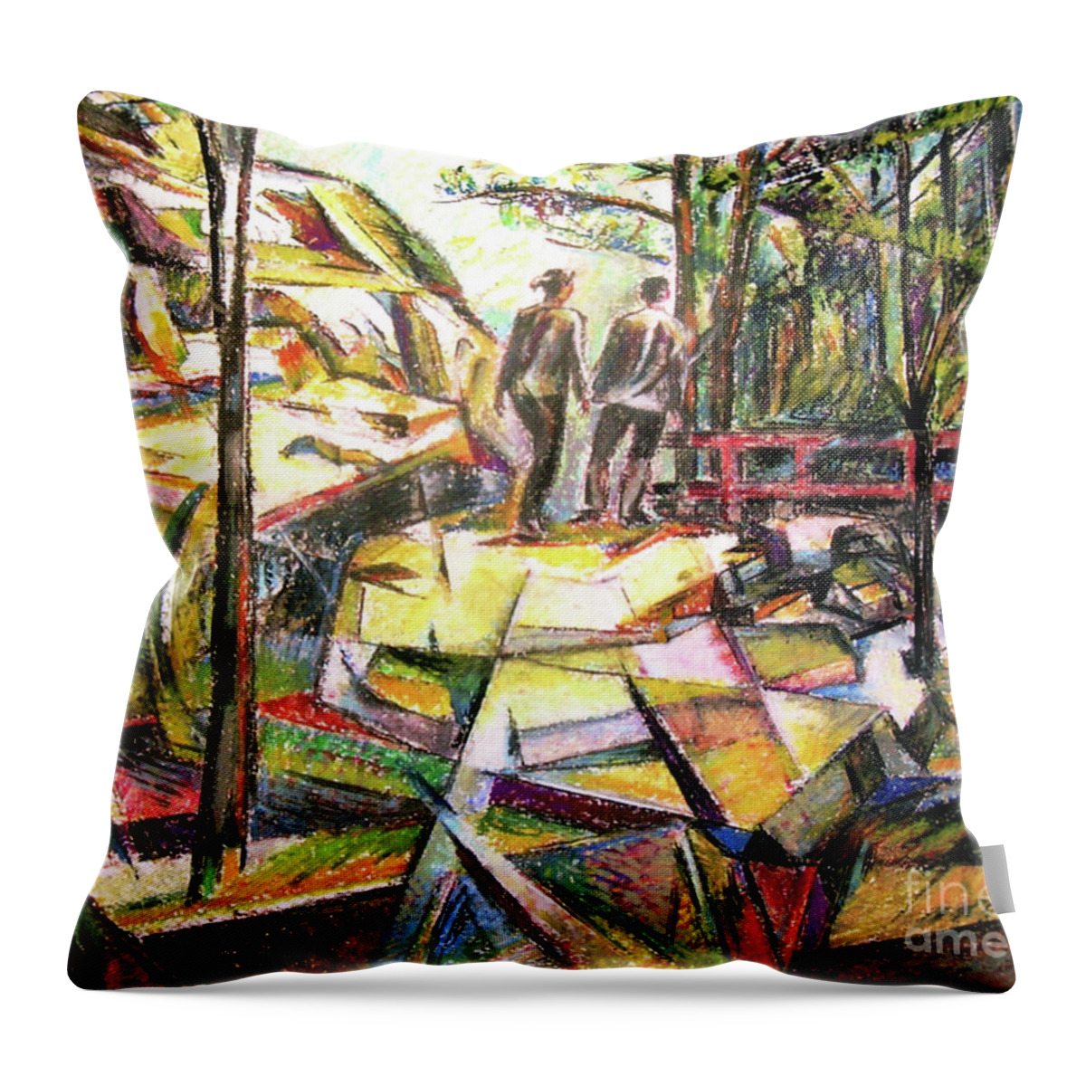 Landscape Throw Pillow featuring the drawing Abstract Landscape With People by Stan Esson