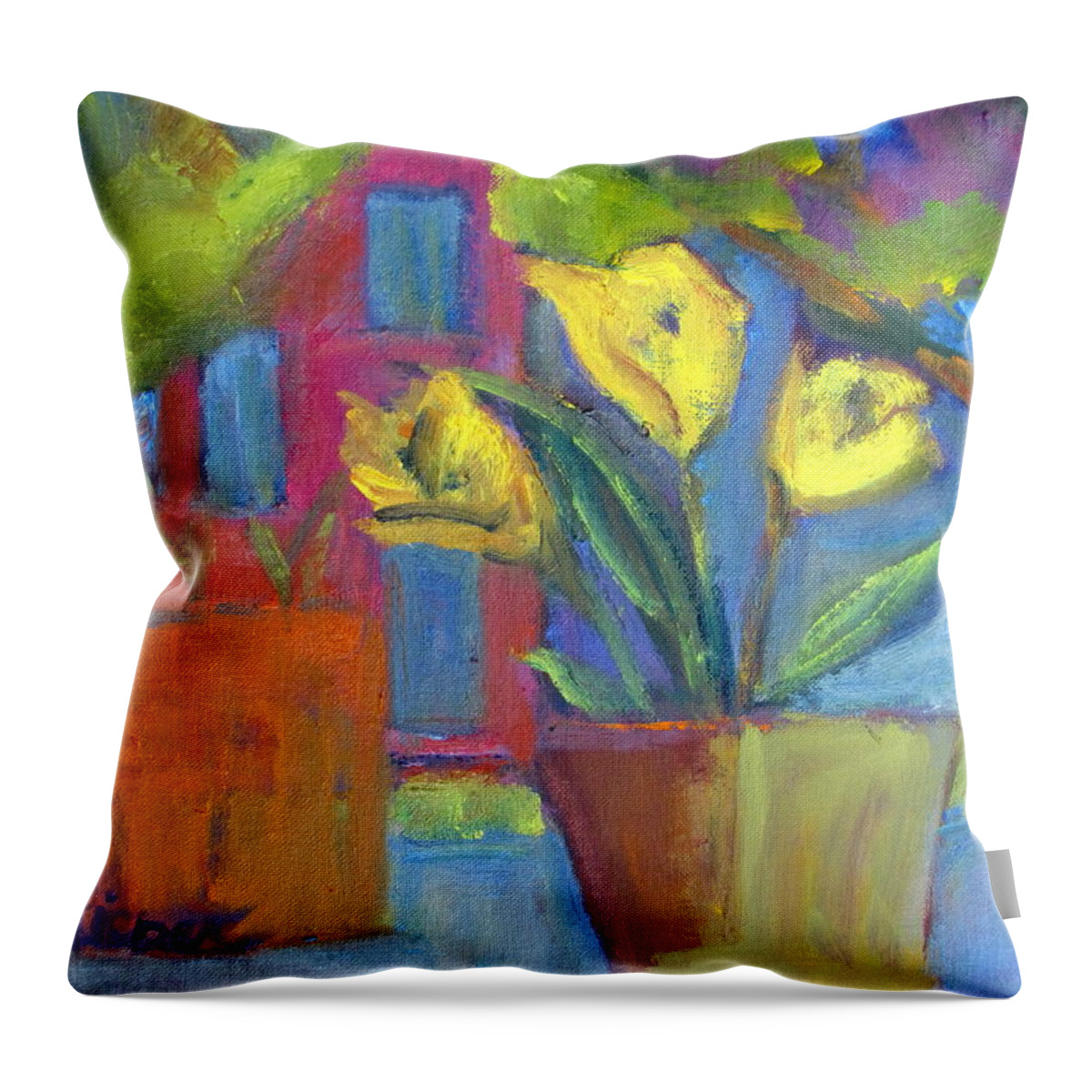 Yellow Flowers In Pot Throw Pillow featuring the painting Across the Street from My Window Sill by Betty Pieper