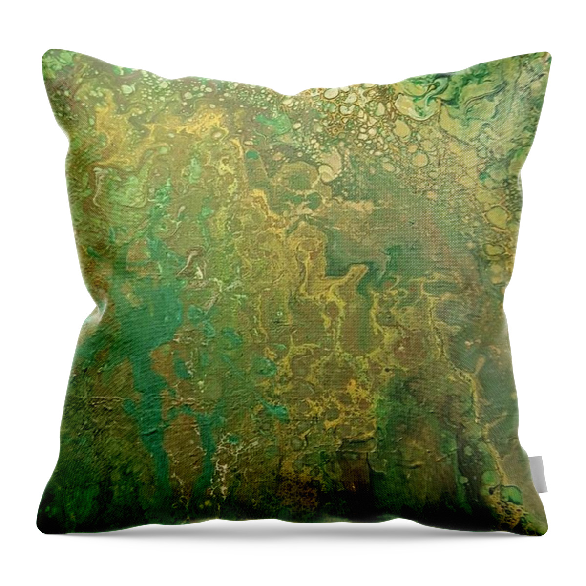 #acrylicdirtypour #abstractacrylics #coolart #paintingswithgreenandgold #acrylicart #abstractartforsale #camvasartprints #originalartforsale #abstractartpaintings Throw Pillow featuring the painting Acrylic Dirty Pour with Greens browns gold copper by Cynthia Silverman