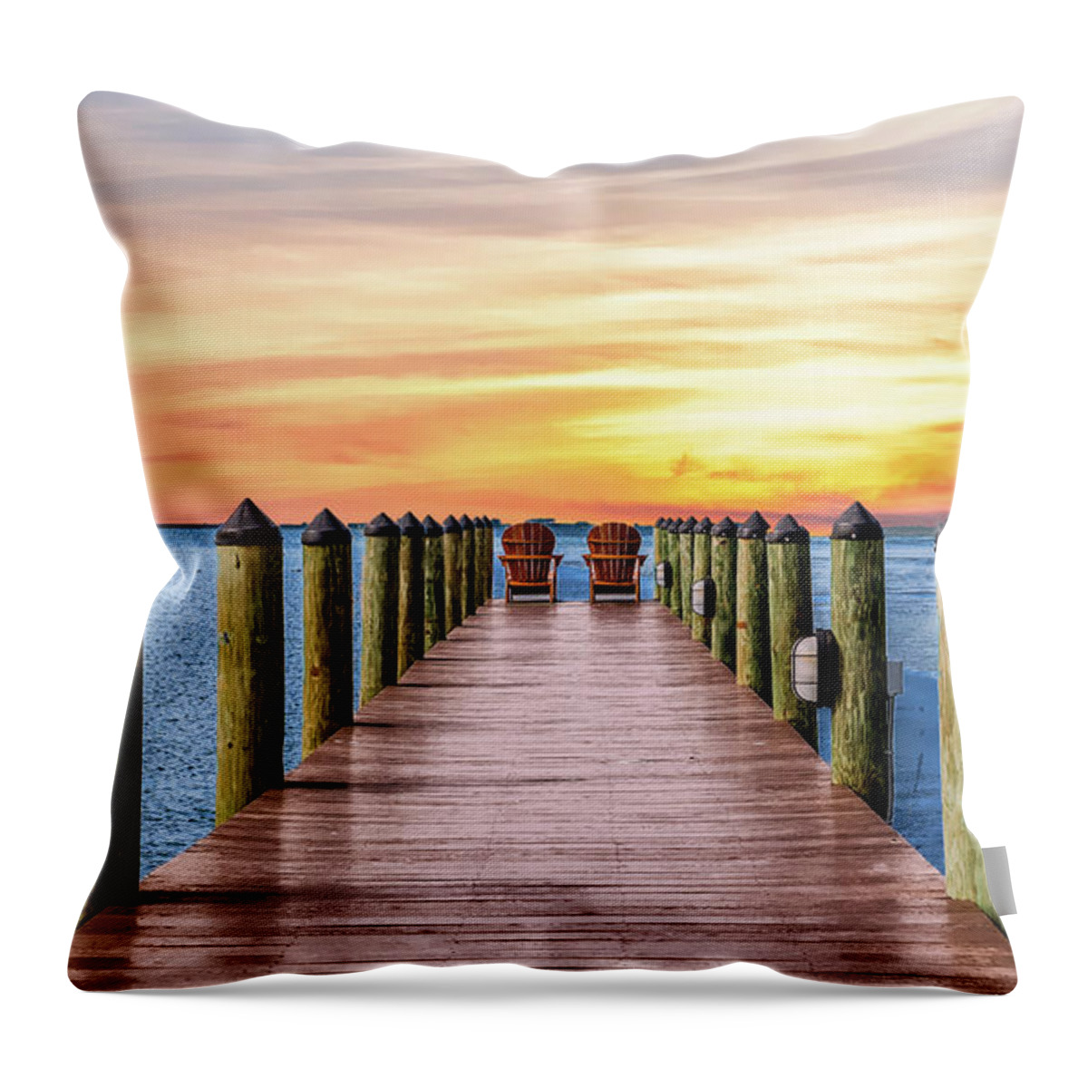Adirondack Throw Pillow featuring the photograph Adirondack Chairs at End of Pier by Darryl Brooks