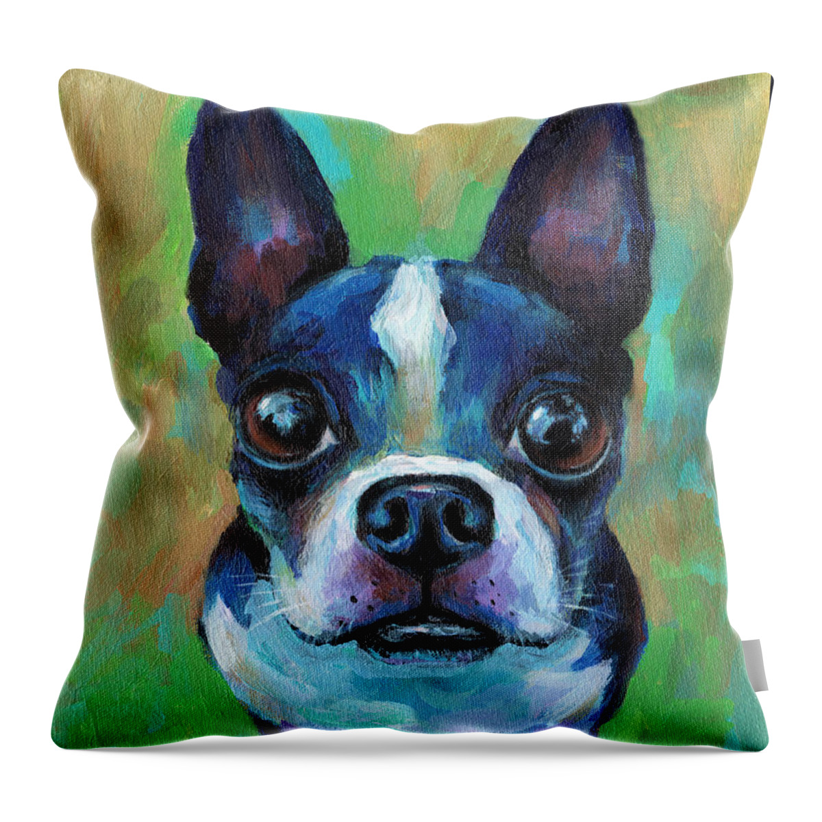 Boston Terrier Throw Pillow featuring the painting Adorable Boston Terrier Dog by Svetlana Novikova