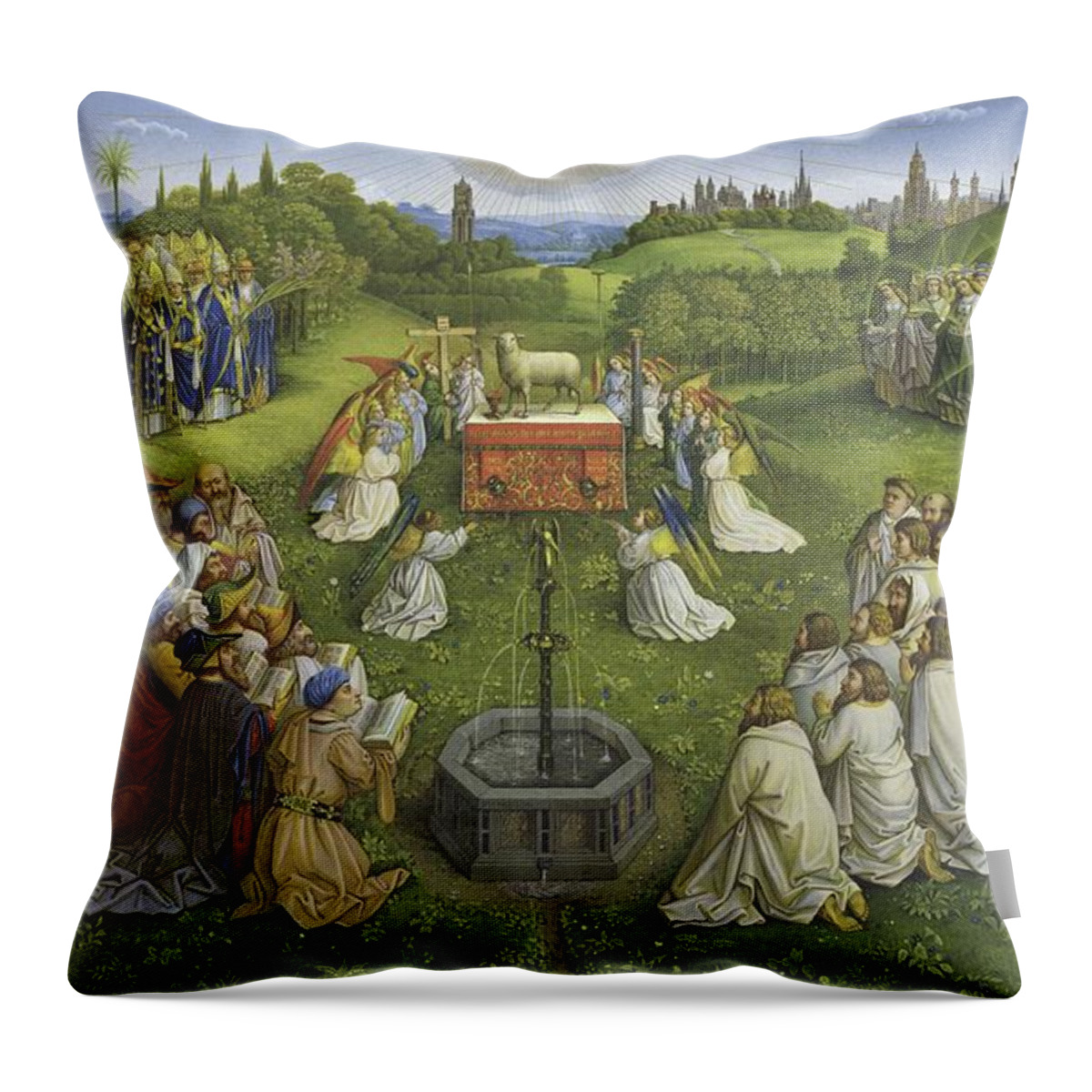 Adoration Of The Mysticlamb Throw Pillow featuring the painting Adoration of the Mystic Lamb by Hubert Eyck and Jan van Eyck
