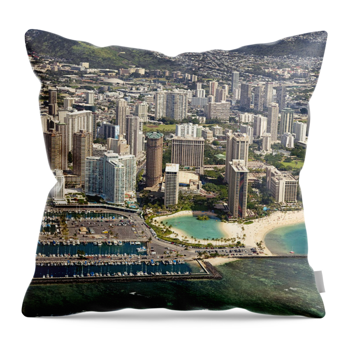 Above Throw Pillow featuring the photograph Aerial of Waikiki by Ron Dahlquist - Printscapes
