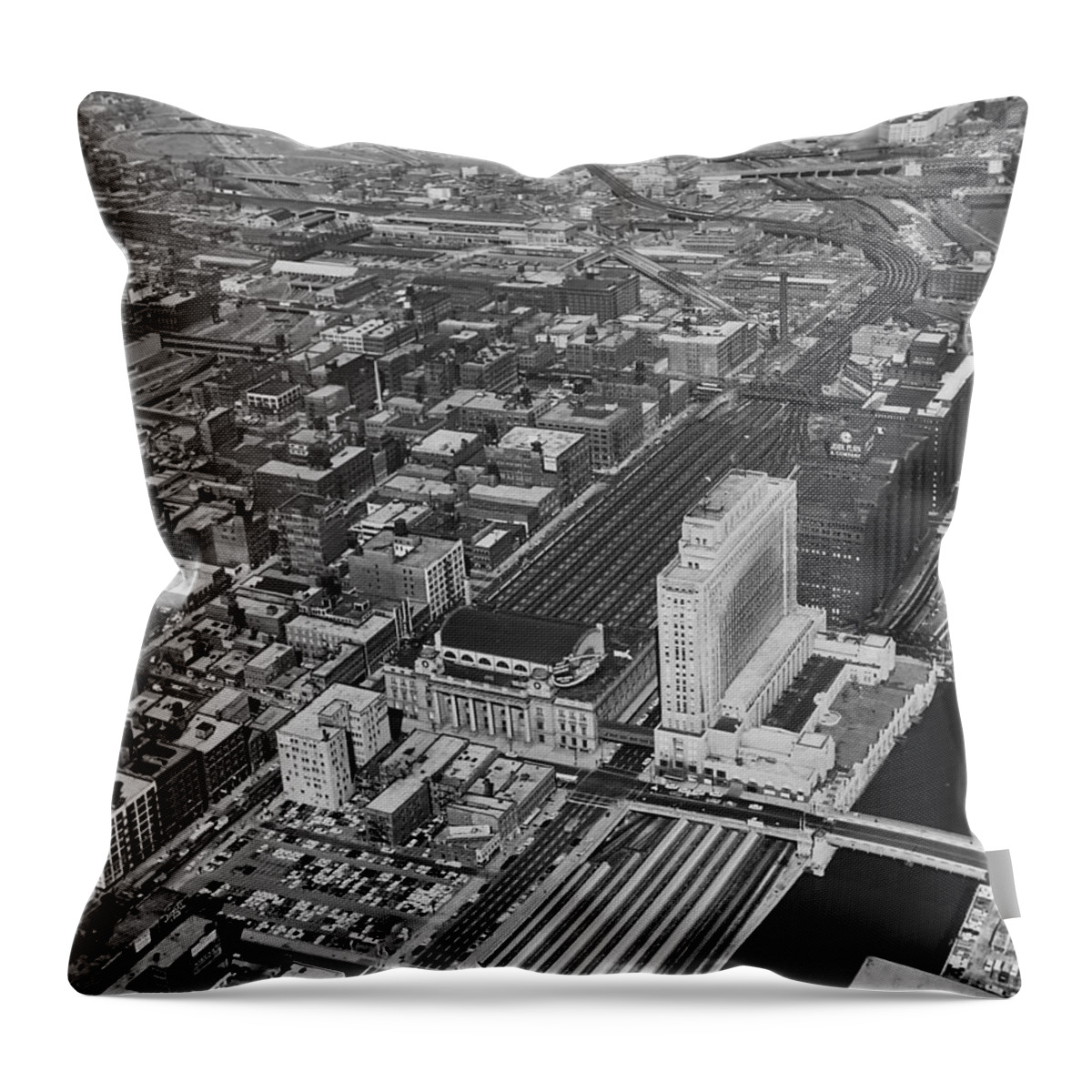 Chicago Throw Pillow featuring the photograph Aerial Shot of Chicago Passenger Terminal by Chicago and North Western Historical Society