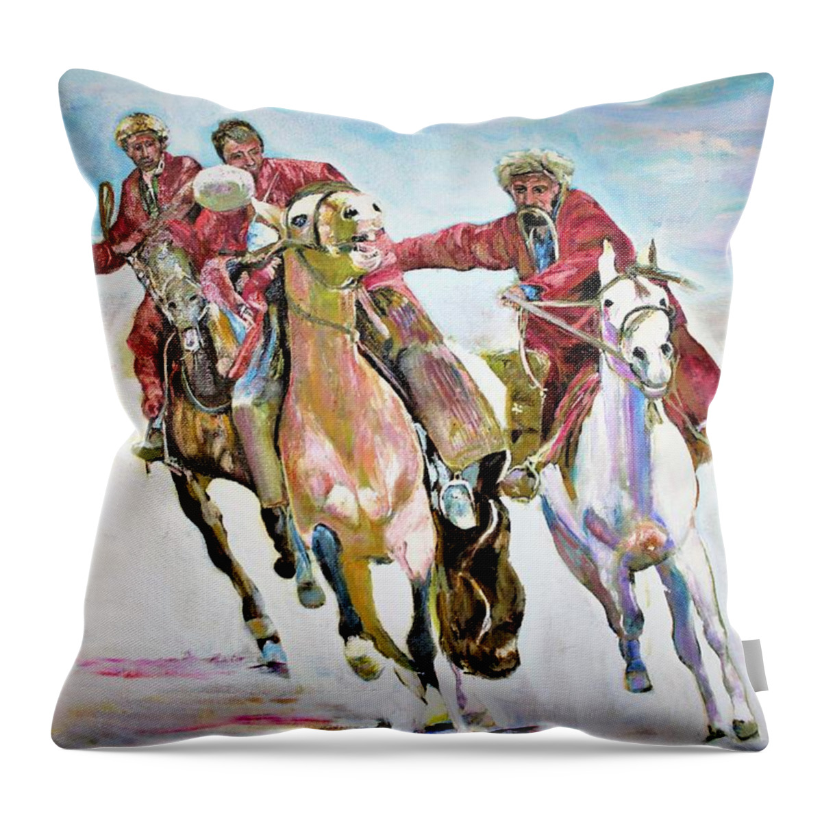 Afghanistan Throw Pillow featuring the painting Afghan sport. by Khalid Saeed
