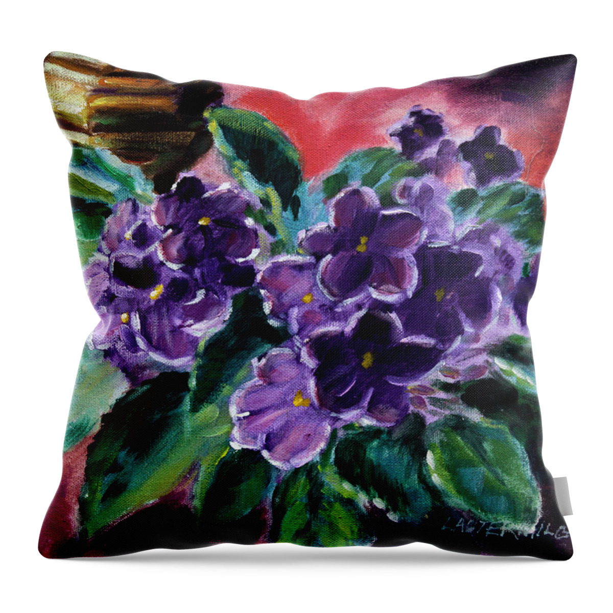 African Violets Throw Pillow featuring the painting African Violets by John Lautermilch