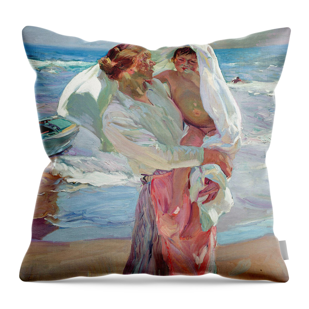 Joaquin Sorolla Y Bastida Throw Pillow featuring the painting After Bathing by Joaquin Sorolla y Bastida