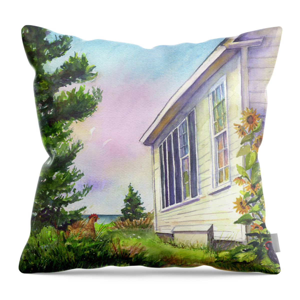 Monhegan Throw Pillow featuring the painting After School Activities at Monhegan School House by Susan Herbst