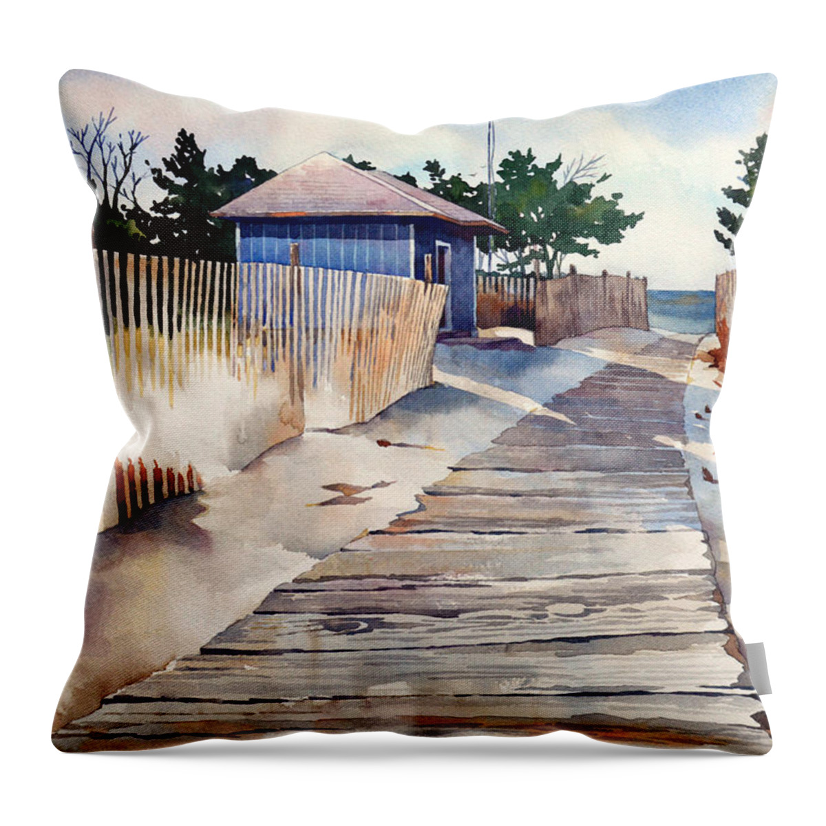 Landscape Watercolor Nature Beach Atlantic Ocean Rehoboth Beach Throw Pillow featuring the painting After the Boys of Summer by Mick Williams