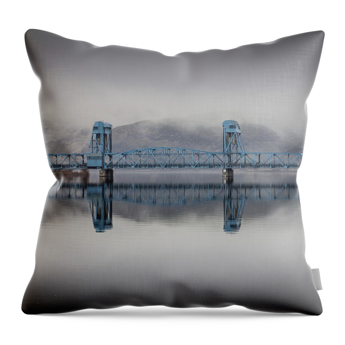 Lewiston Idaho Id Clarkston Washington Wa Lc-valley Lc Valley Pacific Northwest Lewis Clark Landscape Palouse Snake River Blue Interstate Bridge Water Rain Foggy Reflection Calm Serene Mist Misty Rainy Dreary Rocks September Day Throw Pillow featuring the photograph After the Rain by Brad Stinson