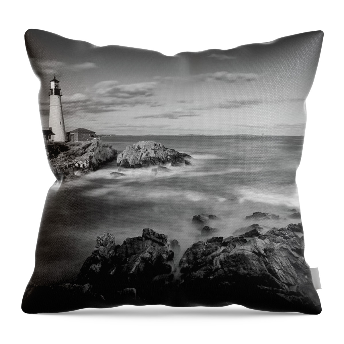Portland Head Light Throw Pillow featuring the photograph Afternoon Light in Black and White by John Meader