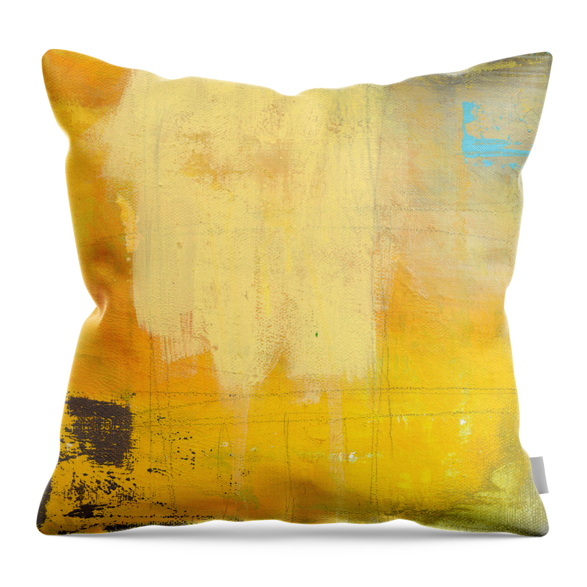 Abstract Painting Yellow Grey Gray Blue White abstract Painting Sun Afternoon Urban Loft urban Loft Lines Warm abstract Art By Linda Woods Square coffee House Style Hotel Office Lobby Healthcare Bedroom Living Room Entrance Throw Pillow featuring the painting Afternoon Sun -Large by Linda Woods