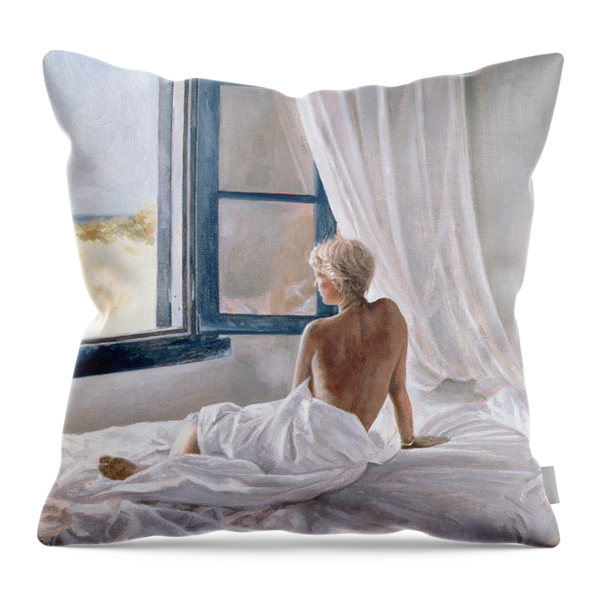 Bed; Sheets; Bedsheets; Window; Female; Nude; Bedroom; Nude Throw Pillow featuring the painting Afternoon View by John Worthington