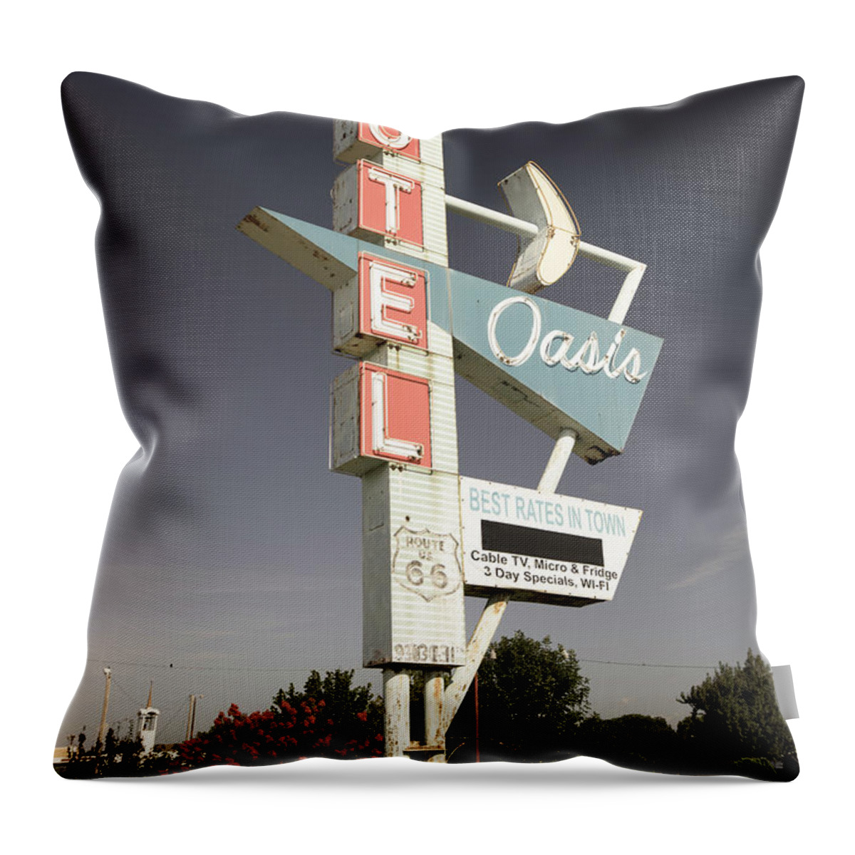 America Throw Pillow featuring the photograph Aged Oasis Motel Route 66 Sign - Tulsa Oklahoma by Gregory Ballos