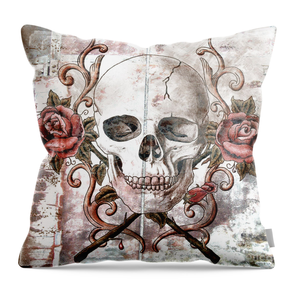 Skull Throw Pillow featuring the mixed media Agony by Maria Arango