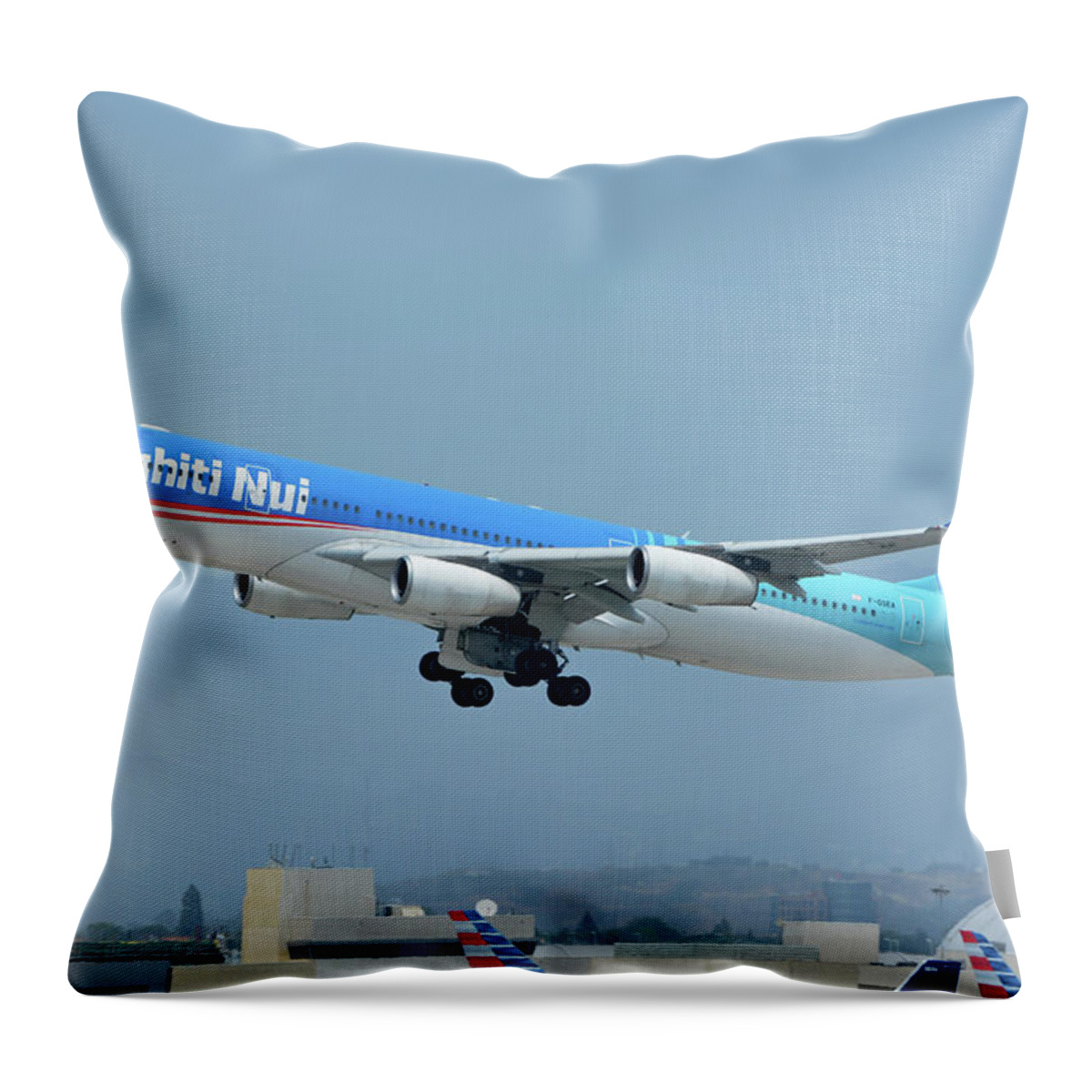 Airplane Throw Pillow featuring the photograph Air Tahiti Nui Airbus A340-313X F-OSEA Los Angeles International Airport May 3 2016 by Brian Lockett