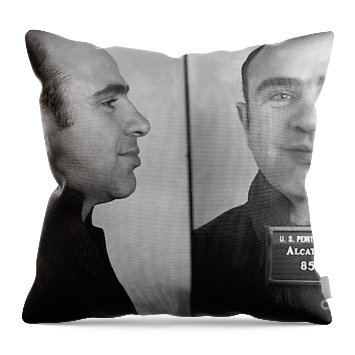 Prohibition Throw Pillow featuring the photograph Al Capone Alcatraz Mugshot by Jon Neidert