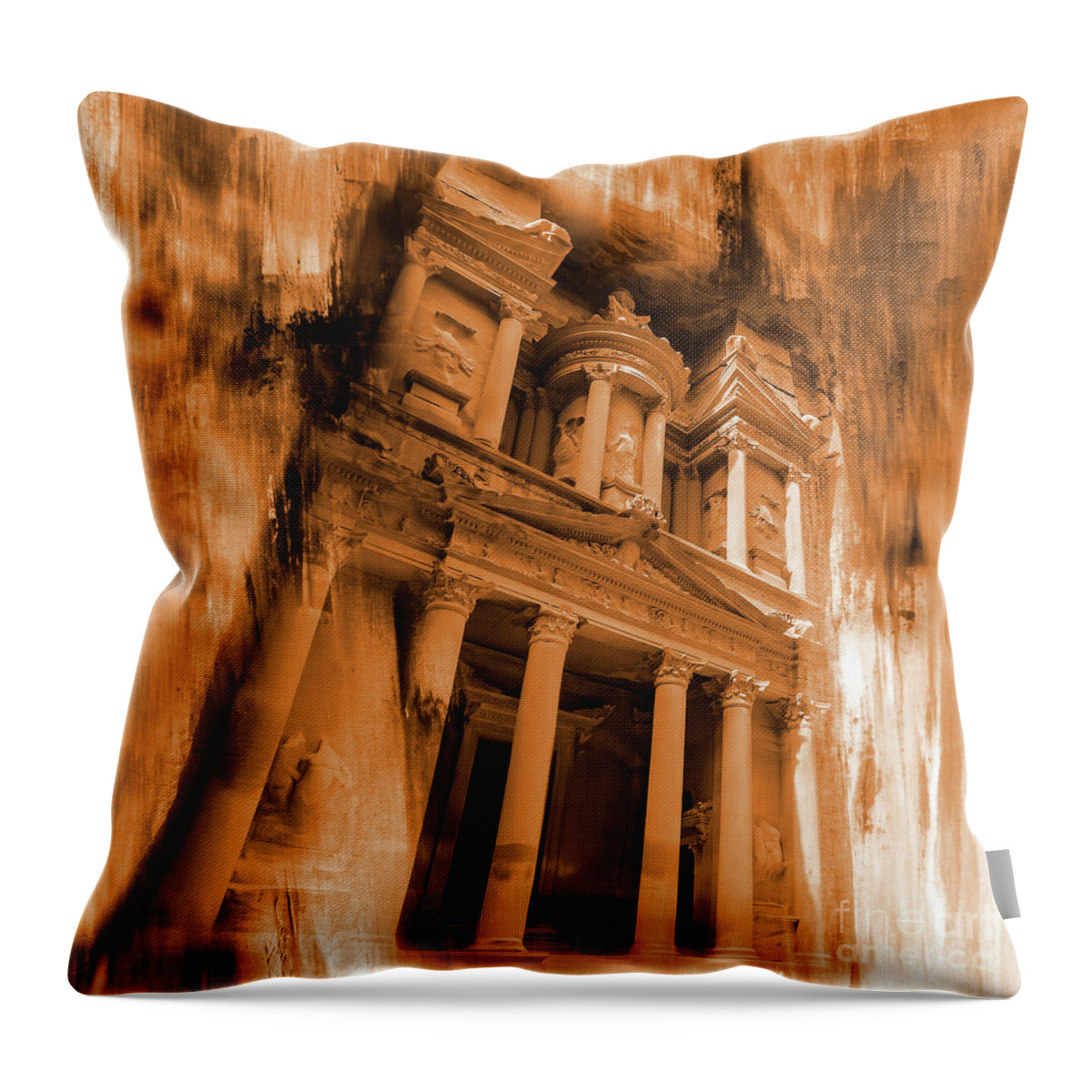 The Ancient Treasury Throw Pillow featuring the painting Al khazneh petra jordan by Gull G