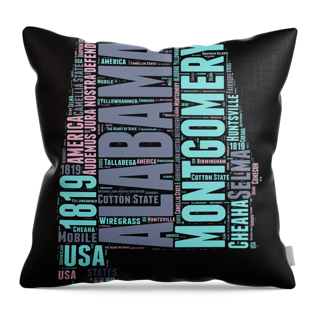 Alabama Throw Pillow featuring the digital art Alabama Word Cloud 1 by Naxart Studio