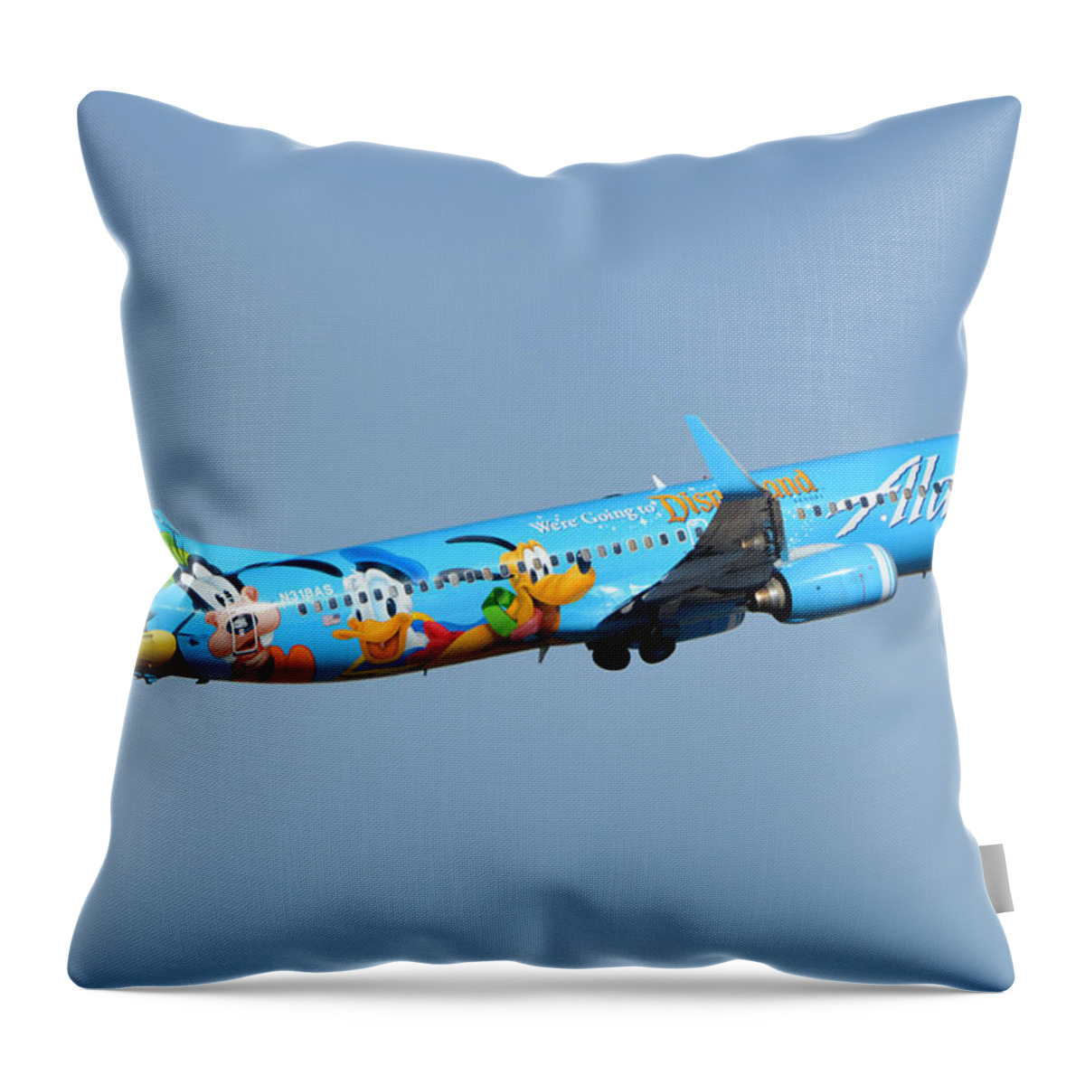 Airplane Throw Pillow featuring the photograph Alaska Boeing 737-990 N318AS Disneyland Phoenix Sky Harbor January 19 2016 by Brian Lockett
