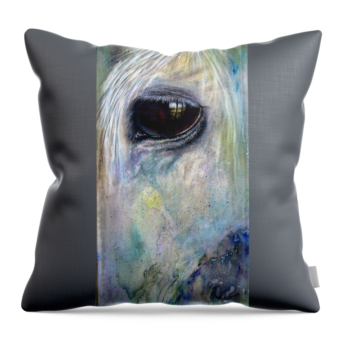 Horse Throw Pillow featuring the painting Alex-Reflecting Behind Stall Bars by Mary McCullah