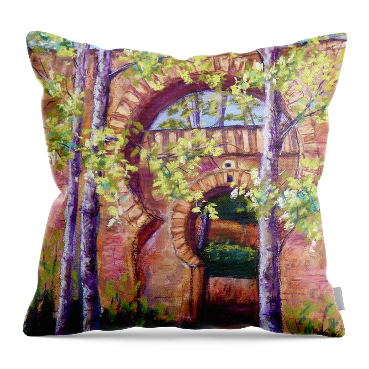 Alhambra Landscape Throw Pillow featuring the pastel Alhambra Gates by Candy Mayer