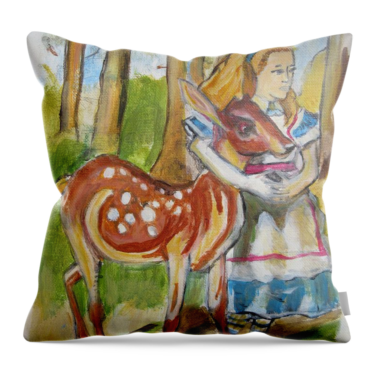 Woods Throw Pillow featuring the painting Alice and the Deer by Denice Palanuk Wilson