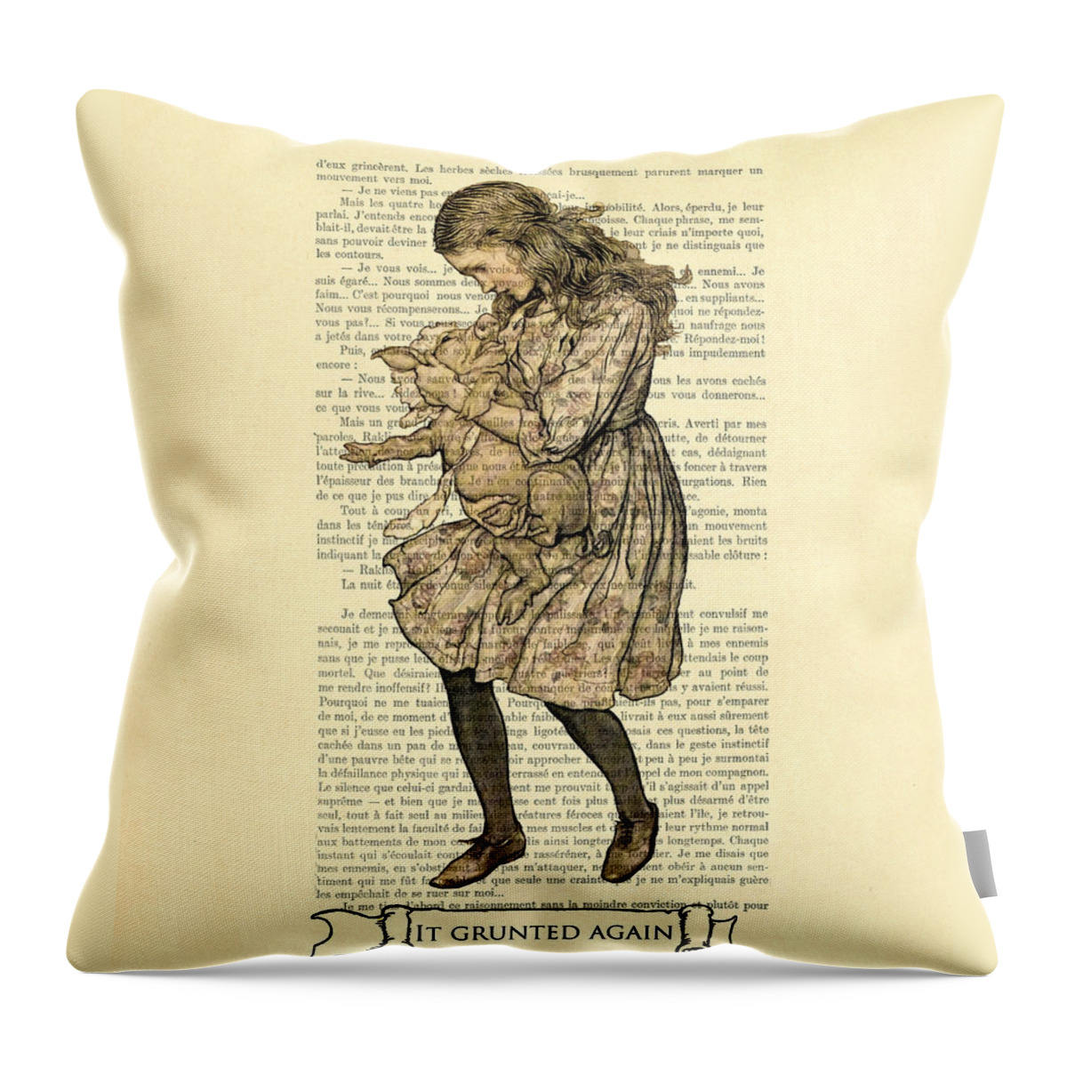 Alice Throw Pillow featuring the digital art Alice in wonderland with the pig by Madame Memento