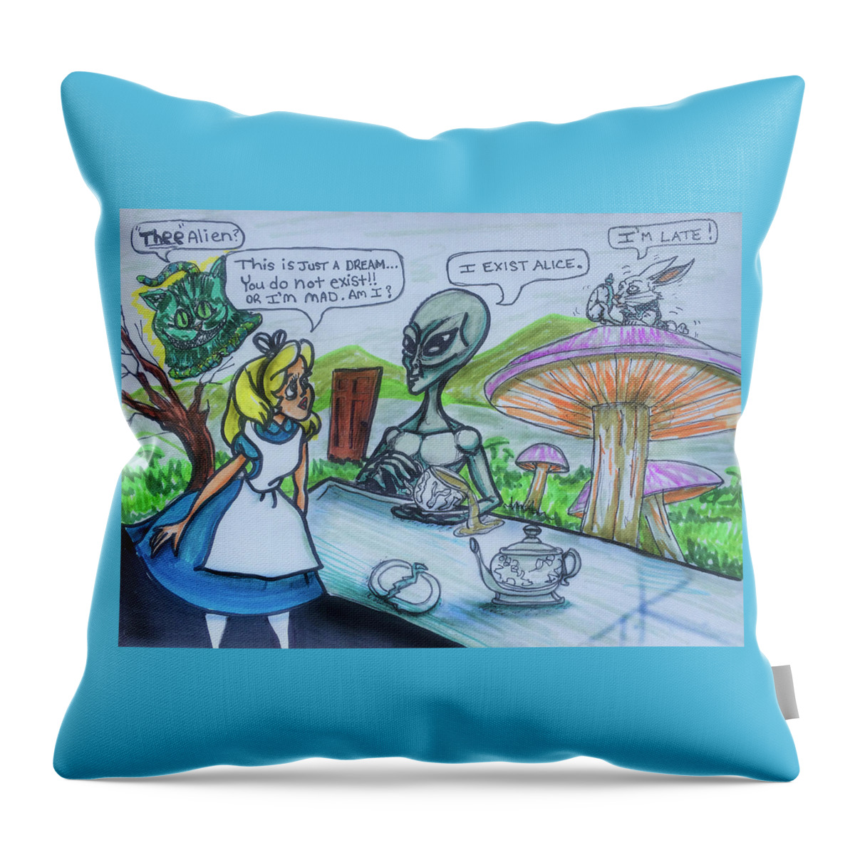 Alien In Wonderland Throw Pillow featuring the painting Alien in Wonderland by Similar Alien